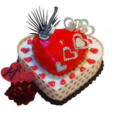"Heart shape step cake topped with red glaze decorated - 6kgs - Click here to View more details about this Product